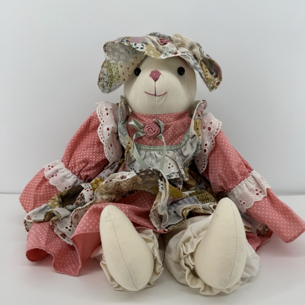 Vintage 1992 T.L. Toys Bunny Plush Doll Pink Patchwork Dress Farmhouse Decor